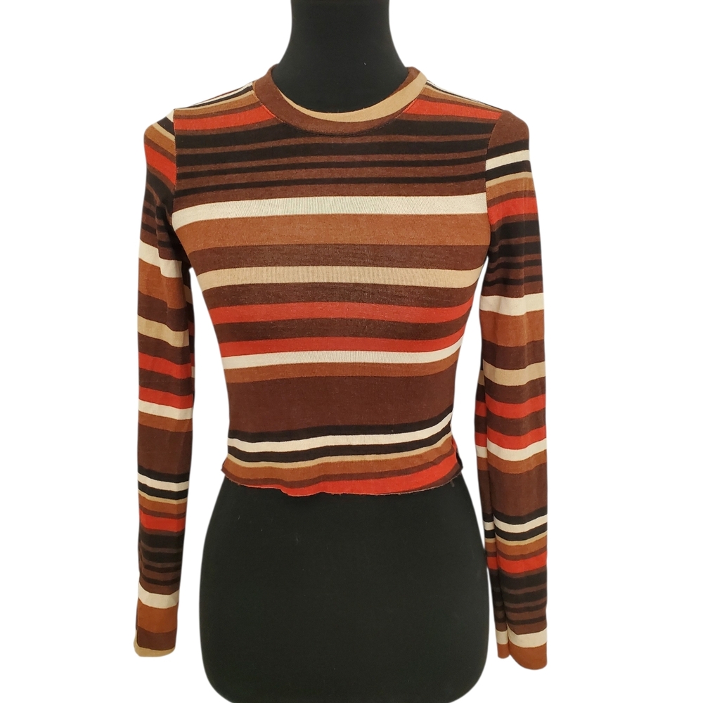 Women's Striped Long Sleeve Crewneck Retro 70s Top in Brown, Tan, Orange, Red S